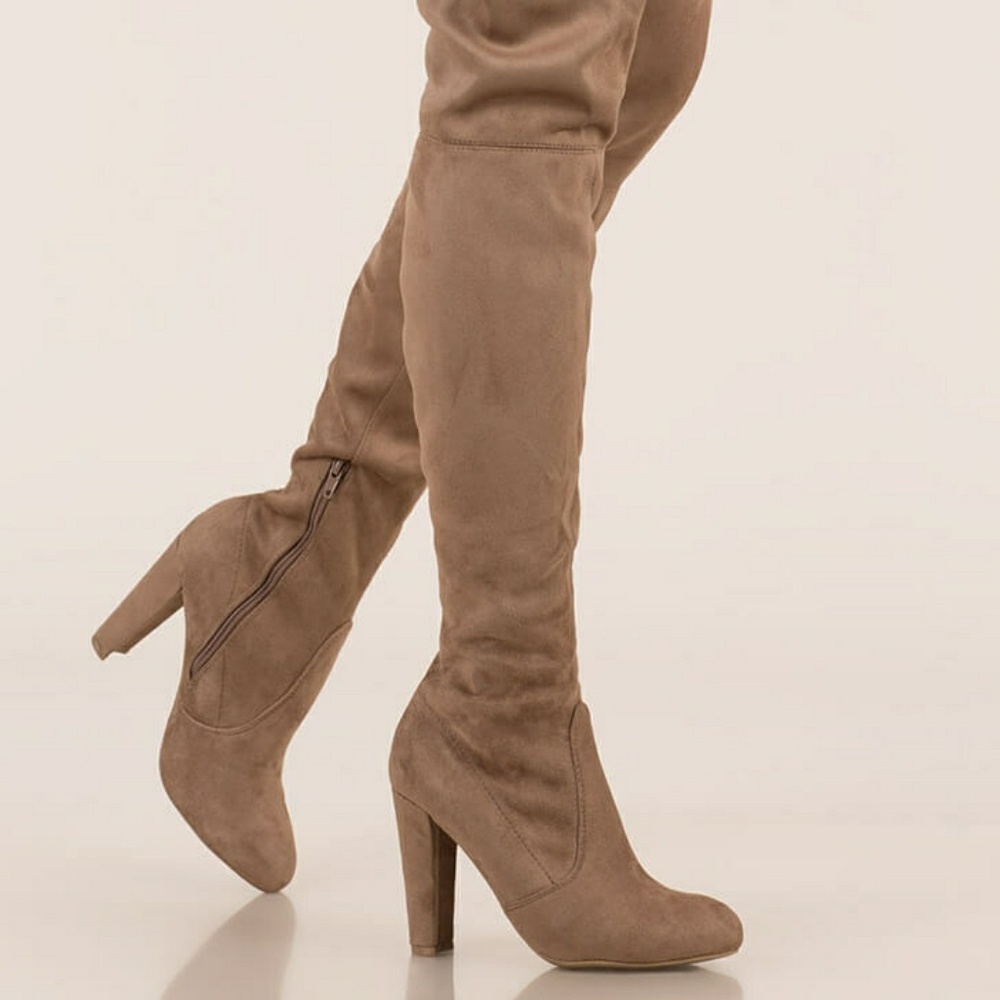 Beige Knee High Heel Boots